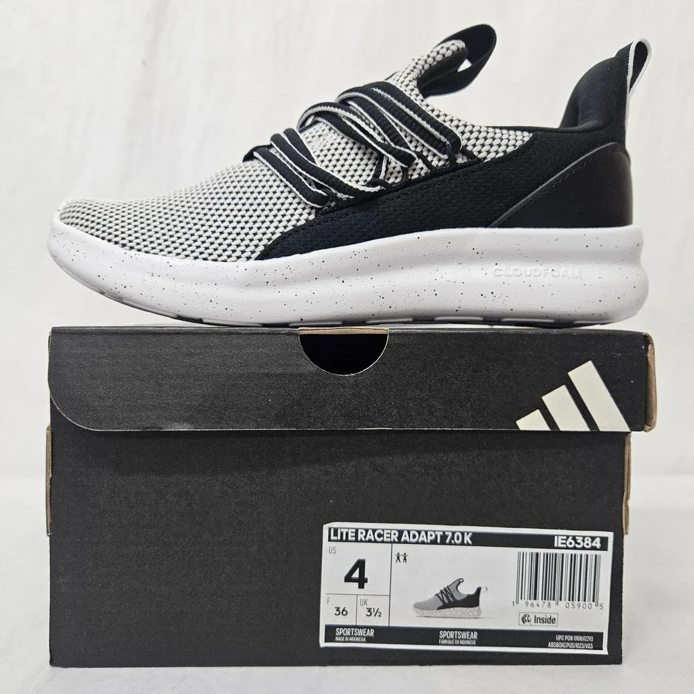 Adidas Lite Racer Adapt 7.0 K Athletic Shoes IE6384 Black White Kids Size 4